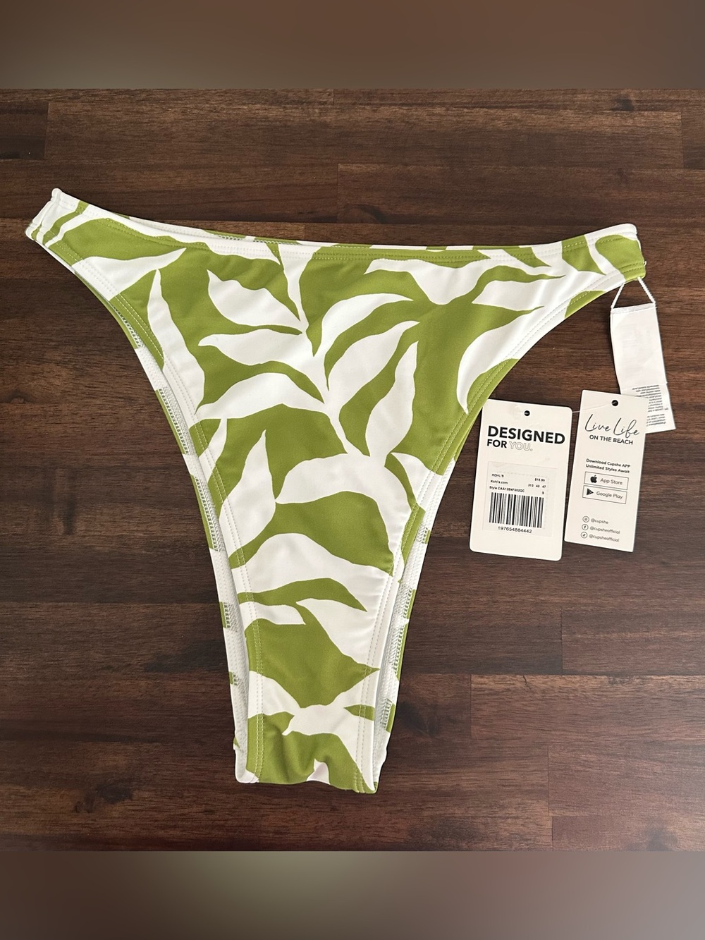 NWT Cupshe Olive Green & White Leaf Print High Leg Bikini Bottom